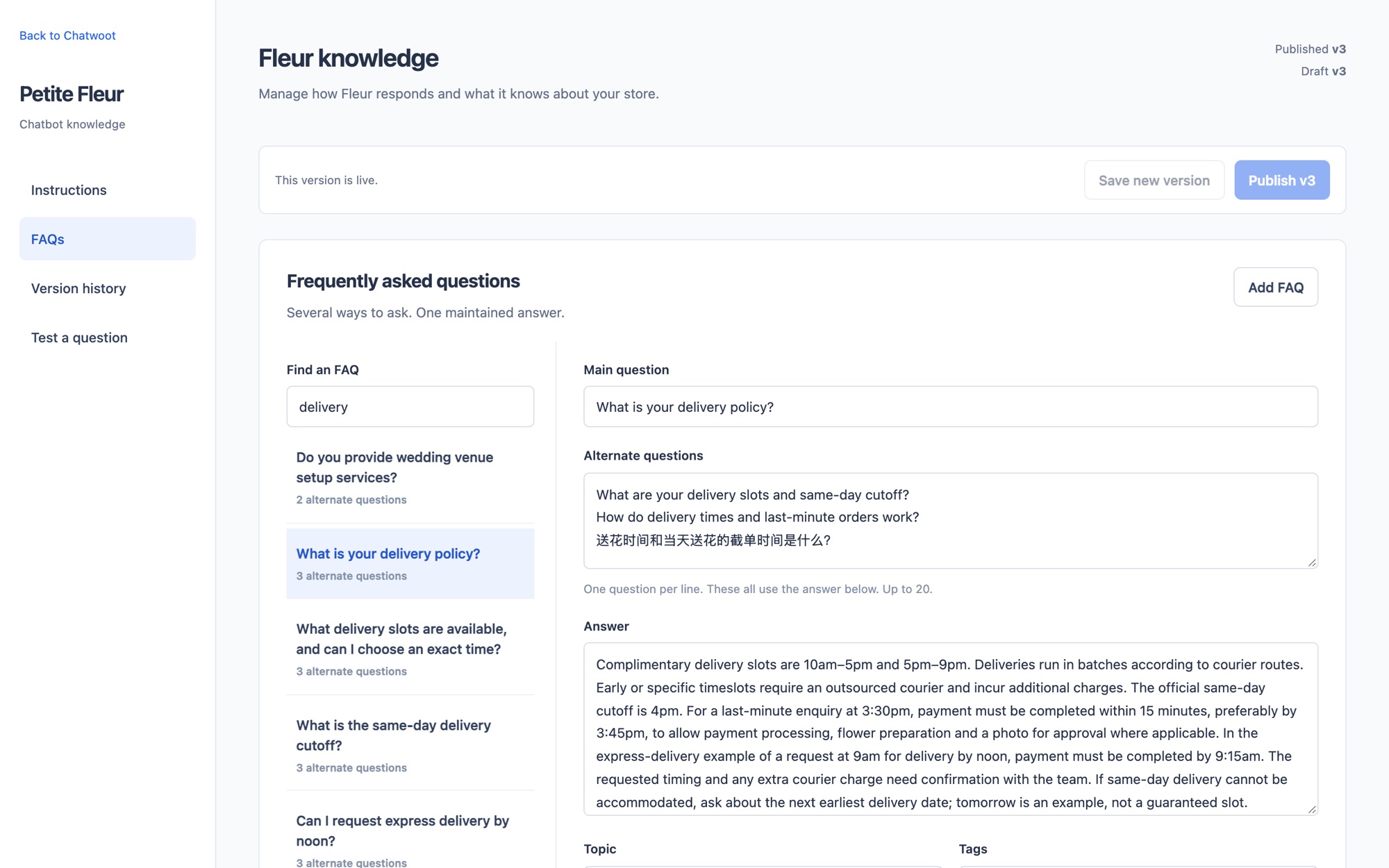 Fleur knowledge dashboard: an FAQ with its main question, alternate questions in English and Chinese, and the answer, with the live published version shown
