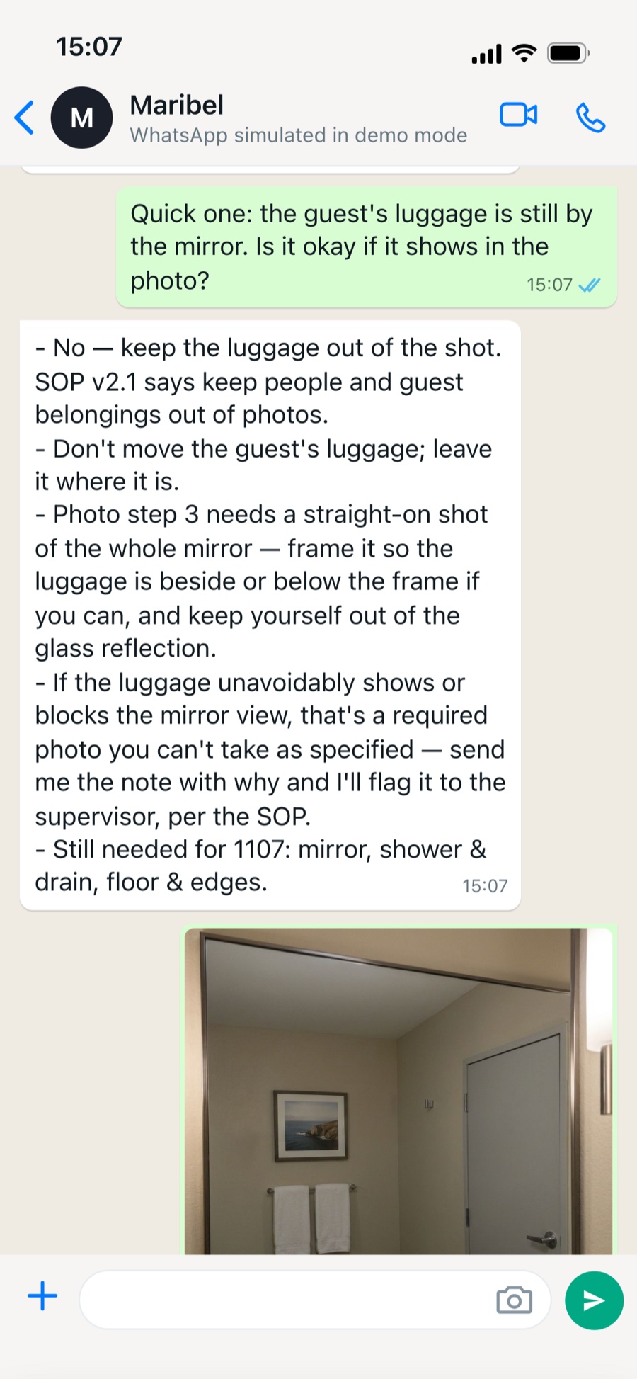 WhatsApp chat where the agent answers a cleaner, citing the SOP